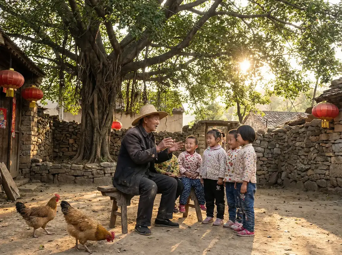 老人在大榕树下给孩子们讲故事 - 《无颜之月》动漫免费观看 乡村记忆